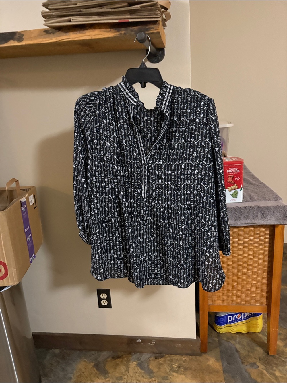 Black Printed Button-Front Blouse with Contrast Trim